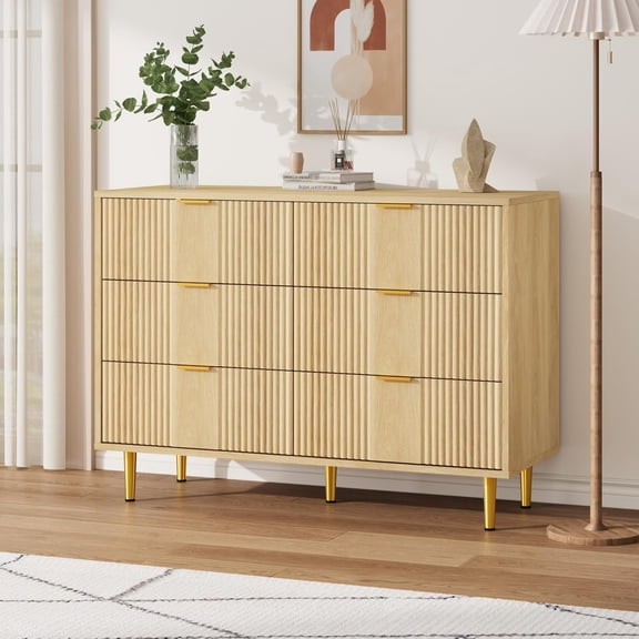 Fluted Dresser for Bedroom with 6 Drawers, 39.4" Wide Modern Chest of Drawers with Metal Handle, Wooden Closet Clothes Storage Organizer for Living Room, Hallway, Natural Oak