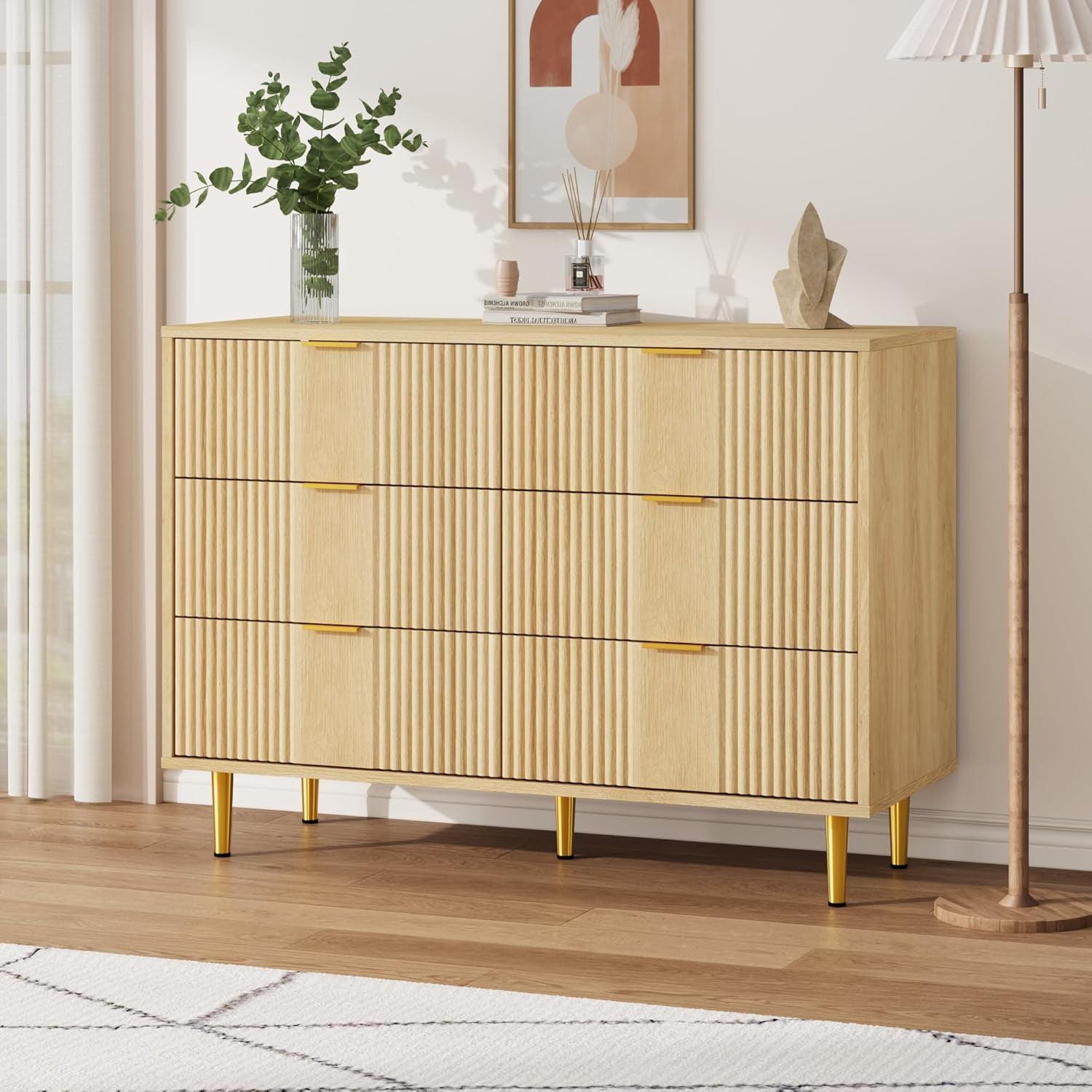 Modern Fluted Bedside Table Tall Wooden Bedside Table with Metal Handles Space-Saving Storage for Bedroom Living Room or Hallway 6 Drawers