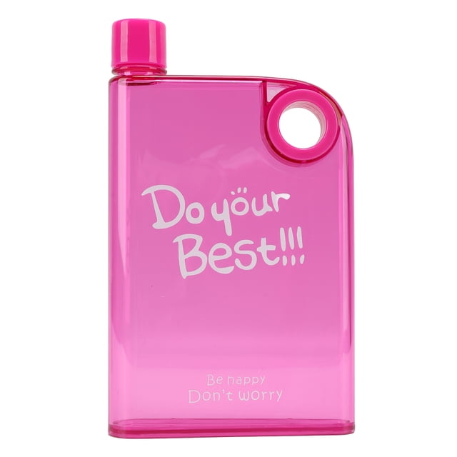 Botella de agua plana y delgada de 420 ml con tapa, taza de viaje portátil, botella de plástico reutilizable con orificio redondo, color rosa