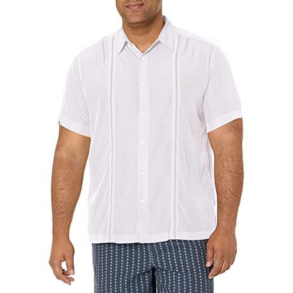 Cubavera Men's Contrast Insert and Stitching Short Sleeve Woven Shirt, Bright White, Large