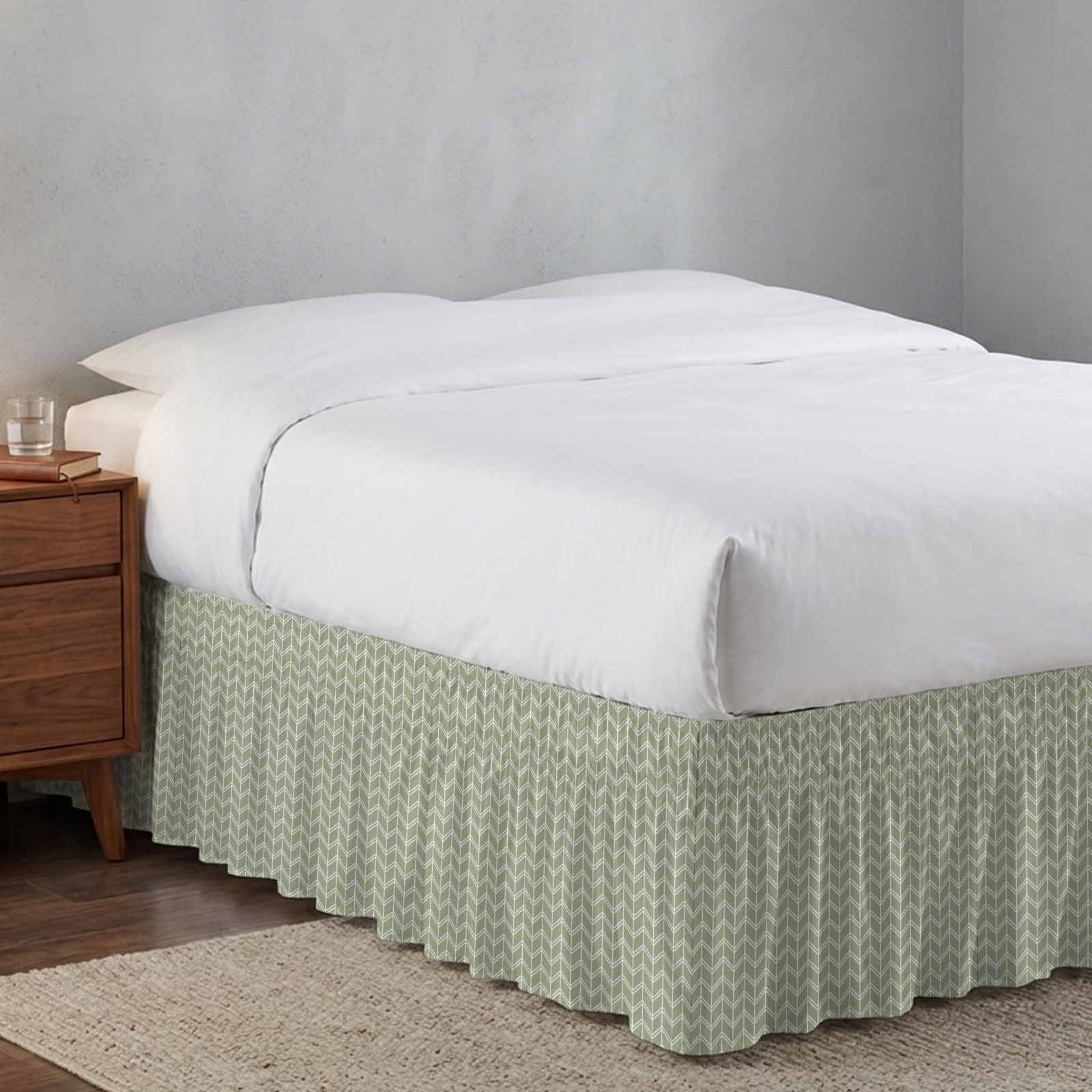 Bed Skirt Striped Adjustable Elastic Wrap-Around Dust Ruffle with Abstract Chevron White Line Sage Green Bohemian 18 Inch Drop, Bed Frame Cover for Queen Size Bed
