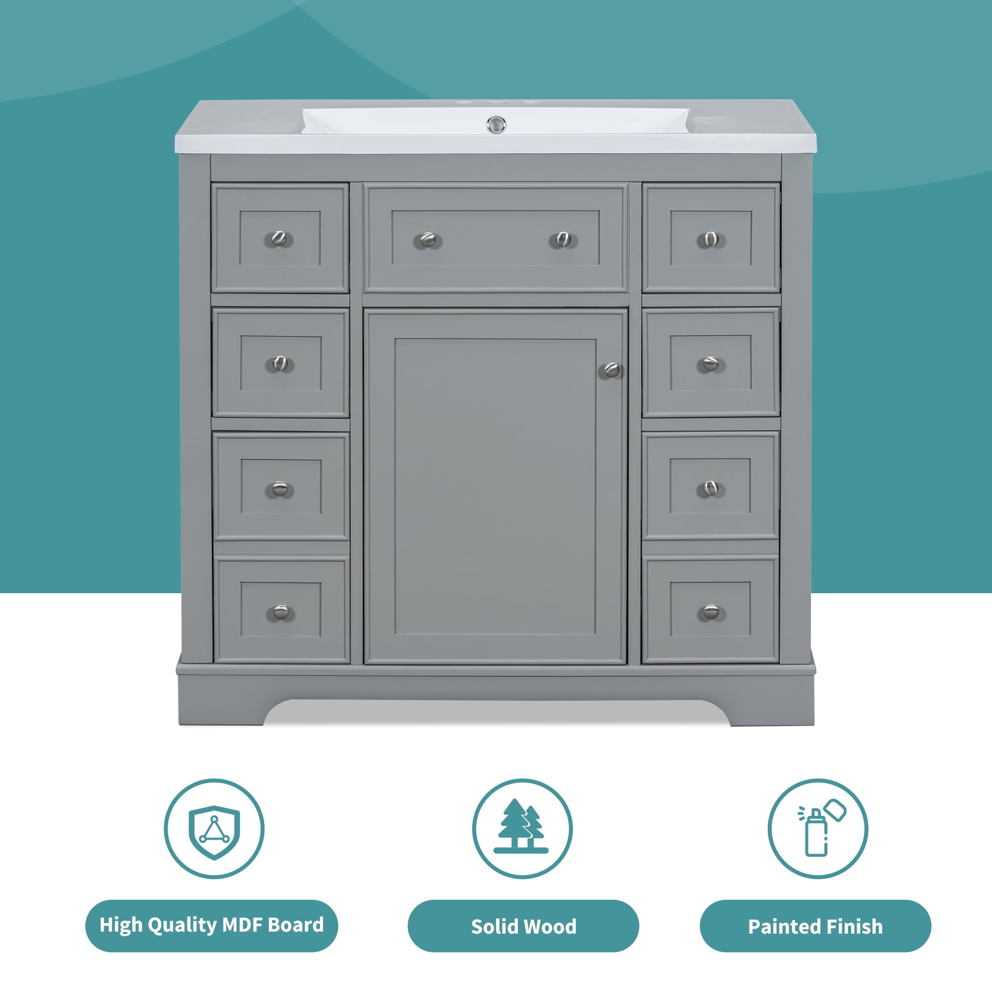 EUROCO 36" Bathroom Vanity without Sink, Bathroom Vanity Cabinet with Door, 6 Drawers and Adjustable Shelf,Solid Wood Frame, Grey