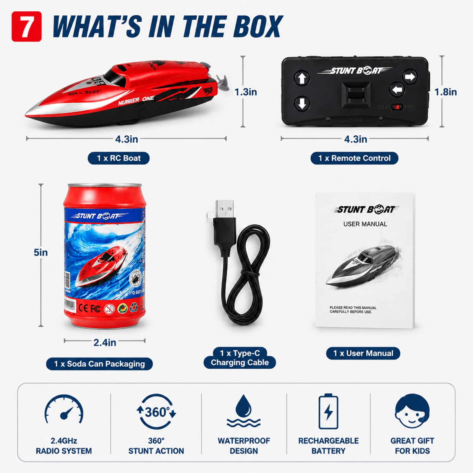 Funtogether toys Mini RC Boat 2.4Ghz Remote Control Watercraft with Rechargeable Battery, Red