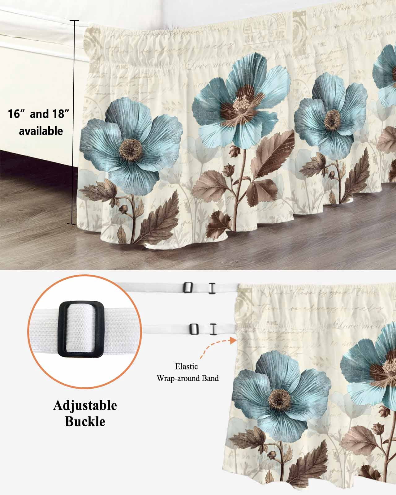 Victorian Style Bed Skirt King Size 18" Drop Blue Retro Poppy Flower Plant Ruffled Wrap Around Bed Skirts Adjustable Elastic Bedskirt Dust Ruffle for King Size Bed