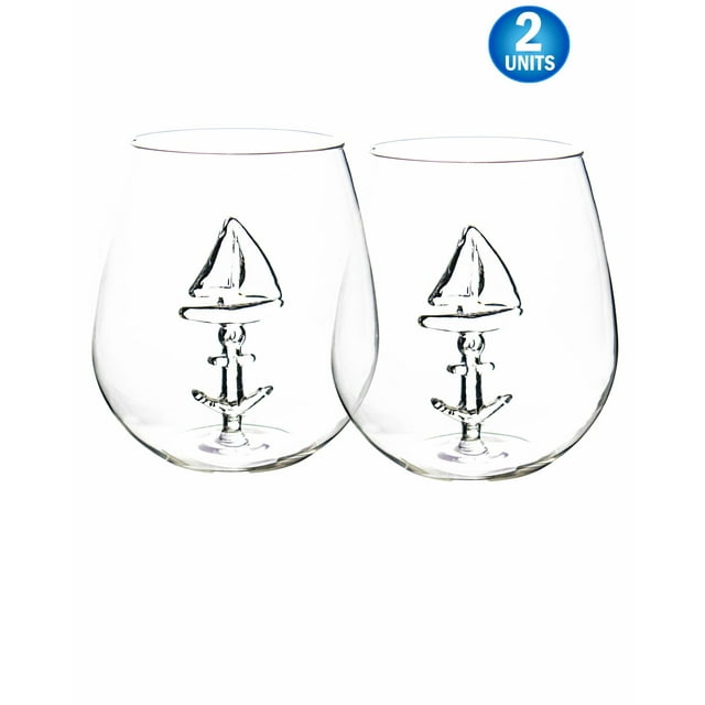 Copa de vino con diseño de velero 3D y ancla náutica - Juego de 2 copas grandes sin tallo de 650 ml - Copas de vino únicas con temática marina para beber vino, navegar y navegar