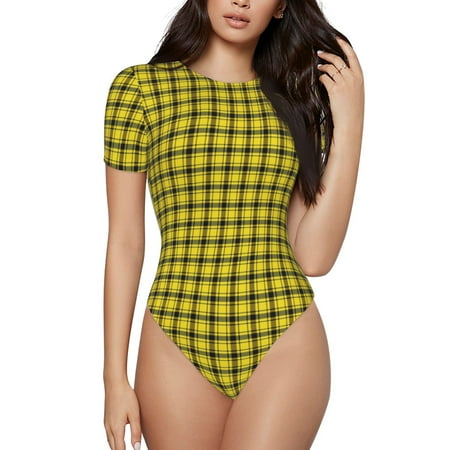 Gaeub Yellow Checkered Plaid Print Women s Short Sleeve One Piece Swimsuit Sexy High-Waisted Bodysuit Bathing Suit for Swimming  Beach  Sports-Medium