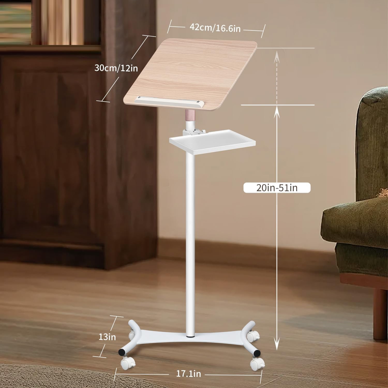 Floor/Desktop Standing Book Stand,Solid Wood, Music Stand for Sheet Music with Tray, 4 Lockable Casters, Reading Stand with Page Clips, Height from 20-51in, for Laptops, Bible/Cookbook