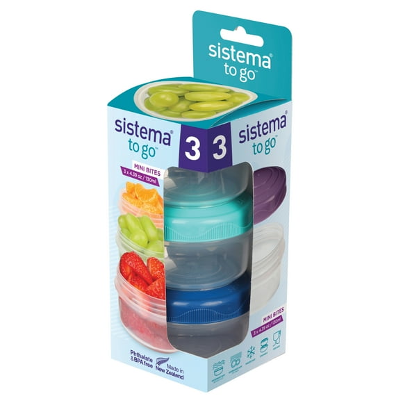 Boîtes à encas Sistema Mini Bites TO GO, 130 ml, boîtes à encas empilables avec couvercle, sans BPA, avec couvercles en vert, rose et bleu, paquet de 3