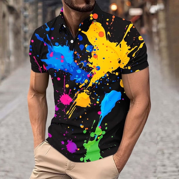 Blusa y camisa de manga corta con cuello vuelto para hombre, blusa de manga larga con solapa y botones estampados, blusa de poliéster para hombre