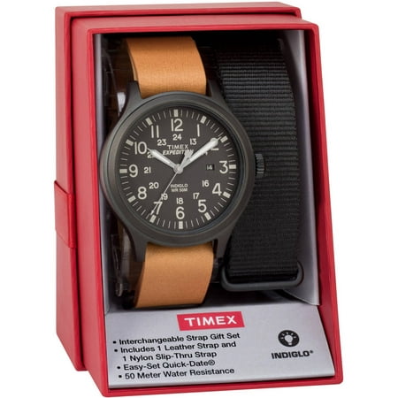 Timex Men's Expedition Scout 43 Watch Gift Set, Tan Leather and Black Nylon Slip-Thru Straps