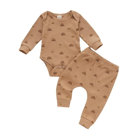 

Sunisery Infant Baby Girls Boys Ribbed Rainbow & Sun Print Long Sleeve Romper Pants Outfits Set Khaki 9-12 Months