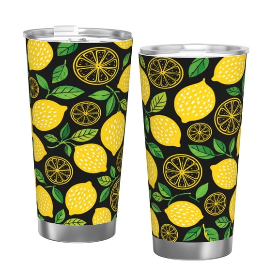 20oz Lemon Citrus Black Fresh Fruit Botanical Summer Insulated Tumbler with Handle and Straw Travel Cup Car Cup with Single Silver Rim