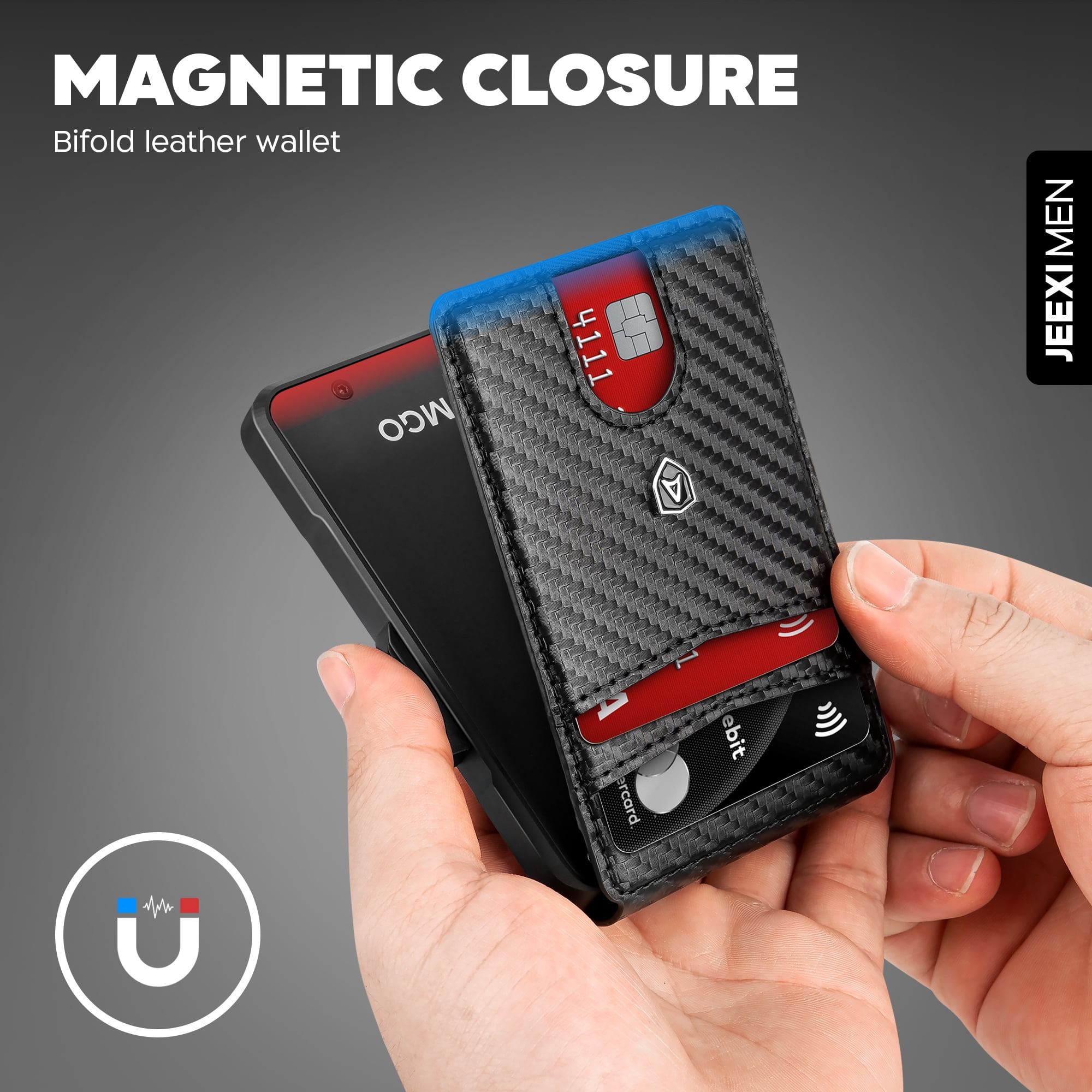 AOMGO Carbon Fiber Slim Wallet for Men - RFID Blocking Minimalist Bifold with Money Clip & Card Ejector | Holds 12 Cards, Cash | Front Pocket Leather Wallet, Secure Credit Card Holder for Travel