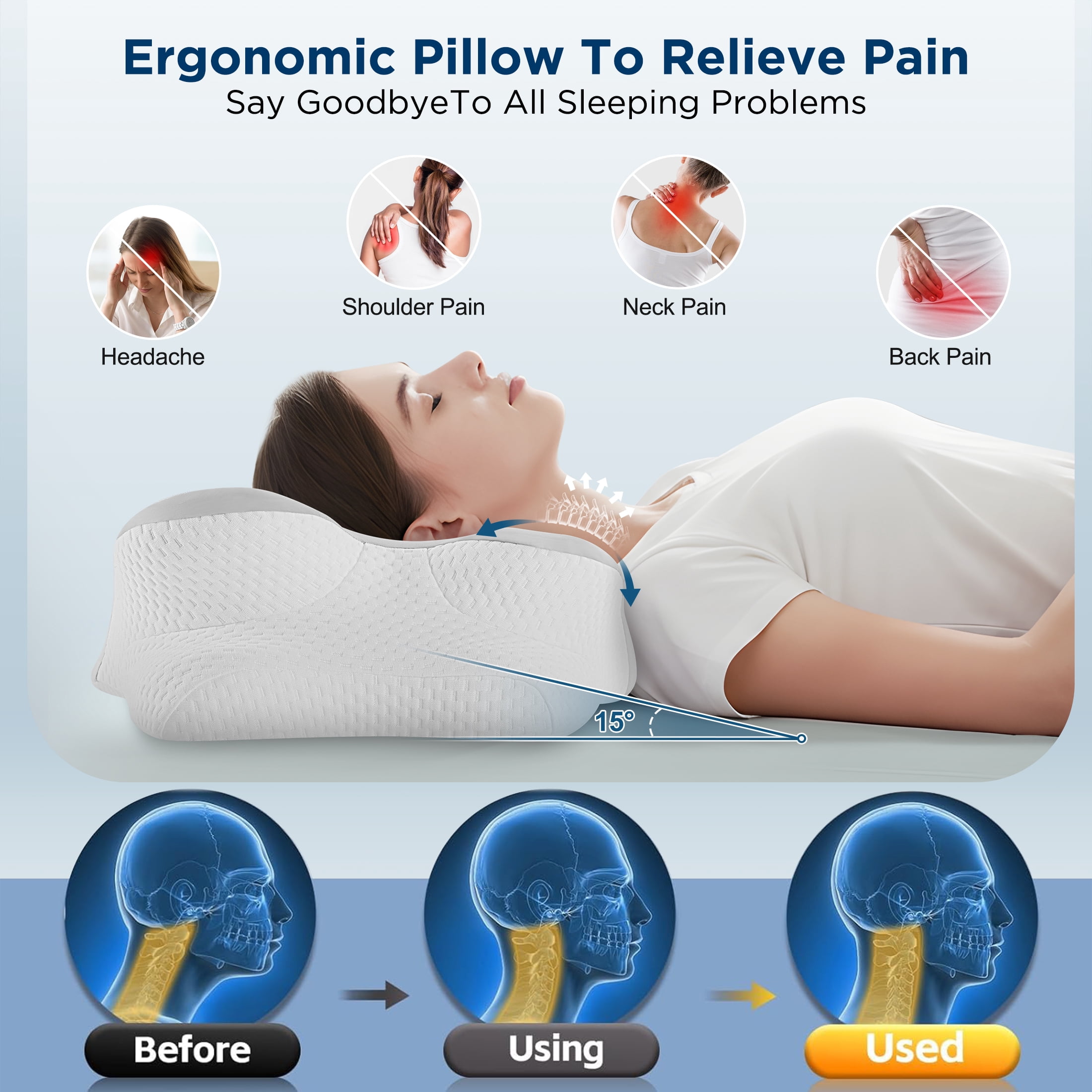 MOONORAH Cooling Bed Pillow for Neck & Shoulder Pain Relief, Cervical Support Contour Pillow for Side, Back, Stomach Sleepers, Orthopedic Memory Foam with Cooling Cover,Gray & White
