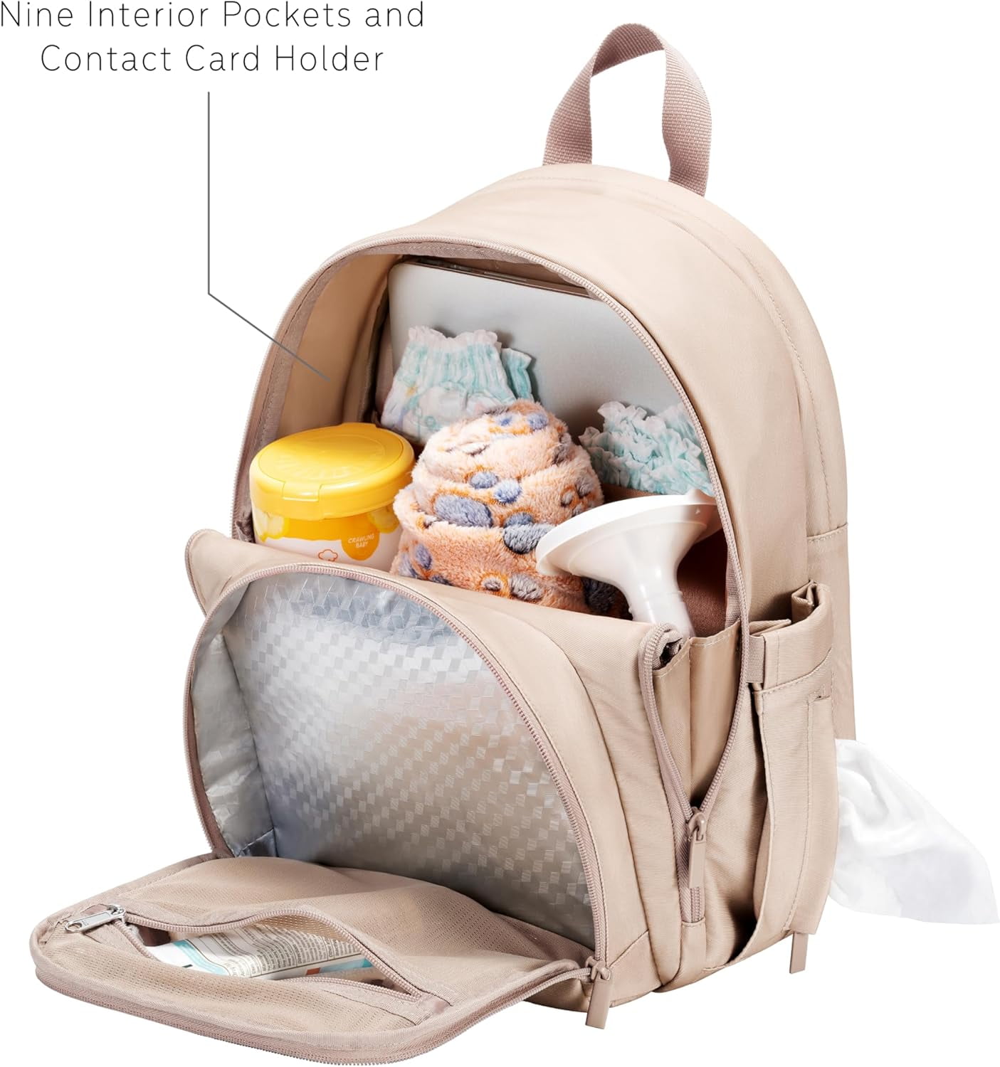 uninni Diaper Baby Bag Backpack for Moms and Dads with Baby Boys and Girls, Portable Changing Pad, Removable Pacifier Case - Camel, 15"