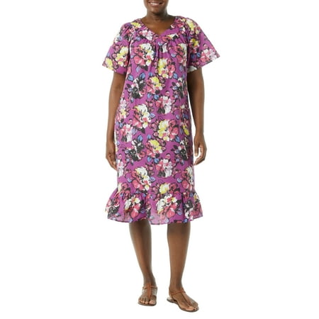 

AmeriMark Women s Casual Print Sun Dress House Dress with Front Patch Pockets Jet Rose 2X