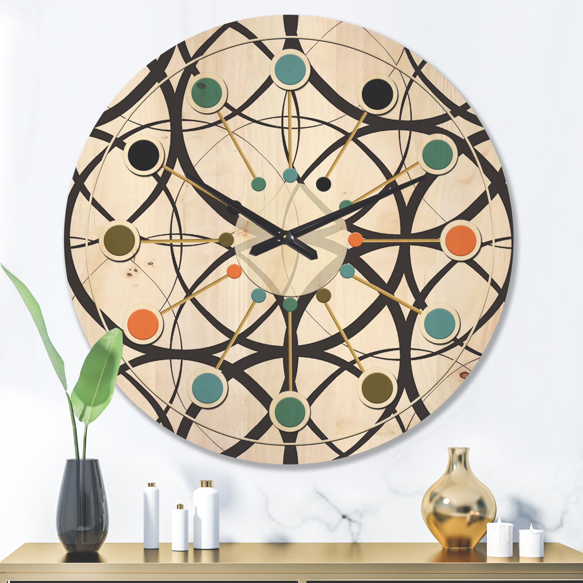 Designart 'Black and White Geometric Pattern I' Mid-Century Modern Wood Wall Clock