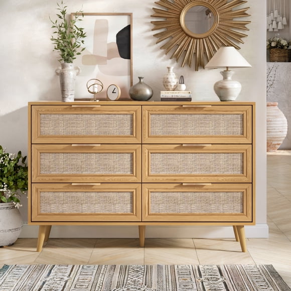 Rattan Dresser for Bedroom, 47.2" Wide 6 Drawer Double Dresser,Wooden Dressers Large Chest of Drawers with Handles, Rattan Buffet Sideboard