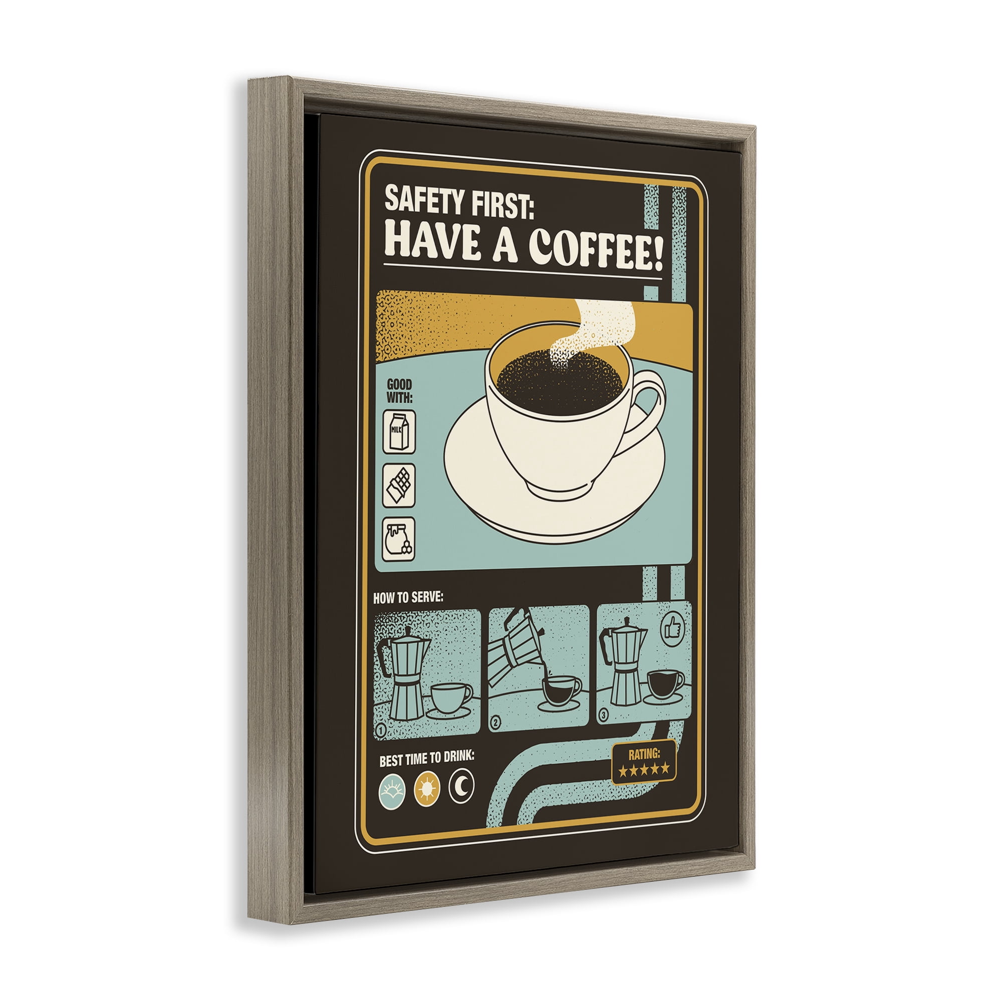 Stupell Industries Safety First Have A Coffee Brown Framed Floater Canvas Wall Art, design by Tobe Fonseca