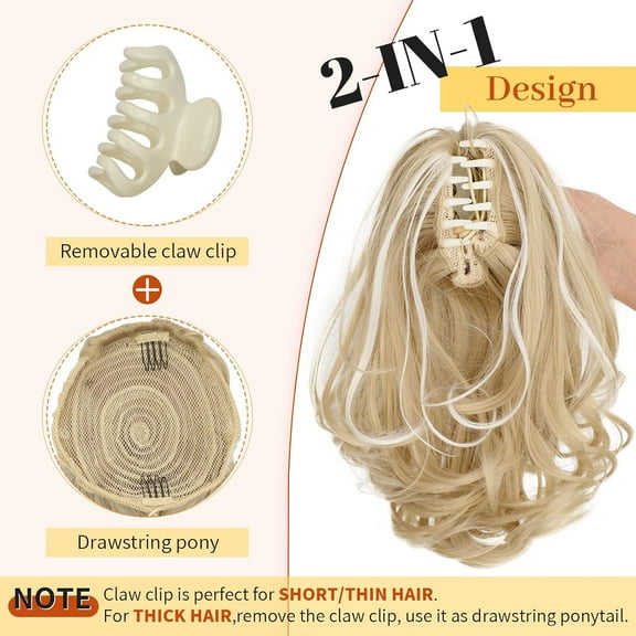 WEIF-Ponytail Extension, 10" Short Claw Clip in Pony Tails Hair Extensions Curly Wavy Synthetic Drawstring Hairpieces for Women(Blonde with White Highlights)