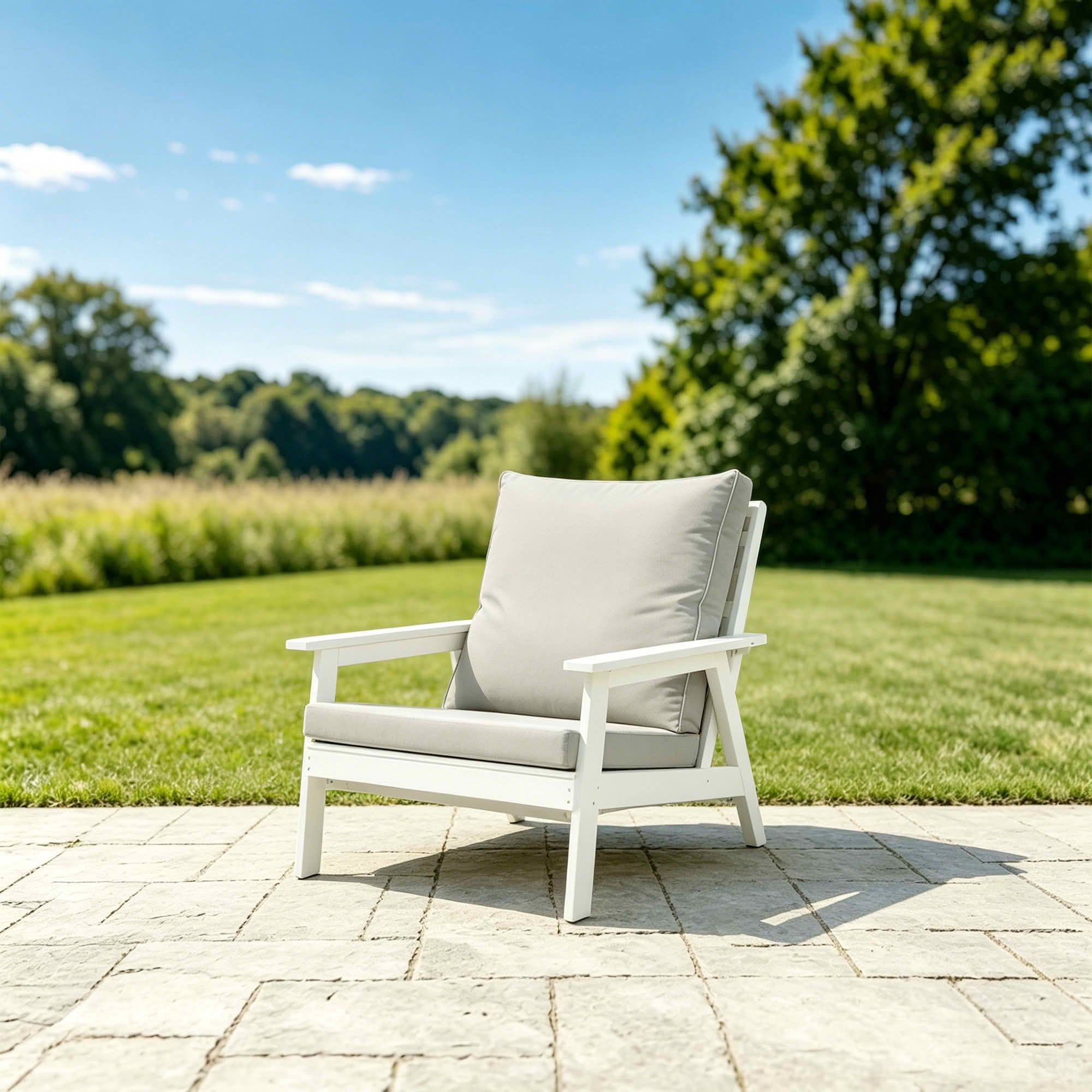 MAYEERTY All Weather Outdoor Single HIPS Patio Sofa with Thick Cushion, Wood Grain Fade Resistant Single Chair for Yard Pool Terrace