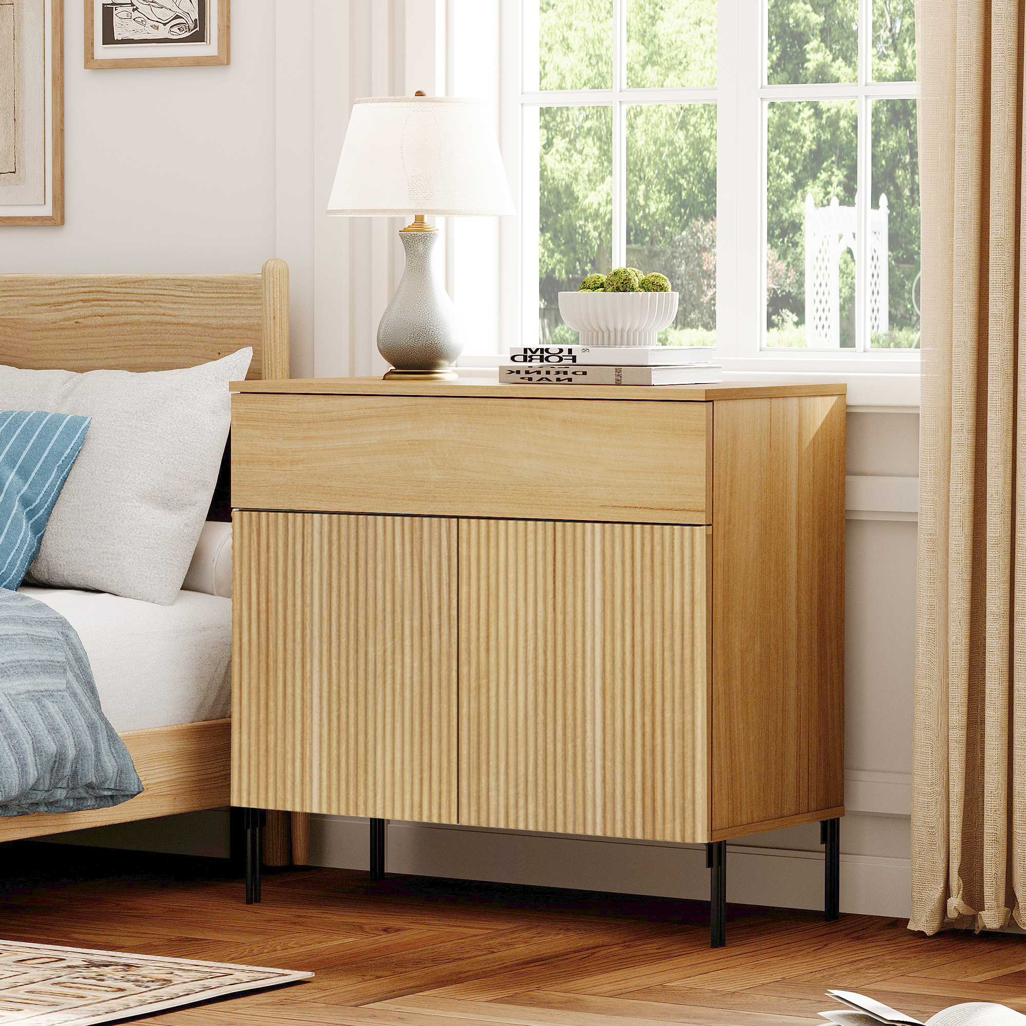 Modern Minimalist Nightstand,31.5" Wood End Table,Reeded Design Bedside Table for Bedroom, Living Room,Entryway