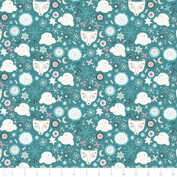 Snowfall Bear Faces Teal 100% Cotton Fabric Sold by the Yard