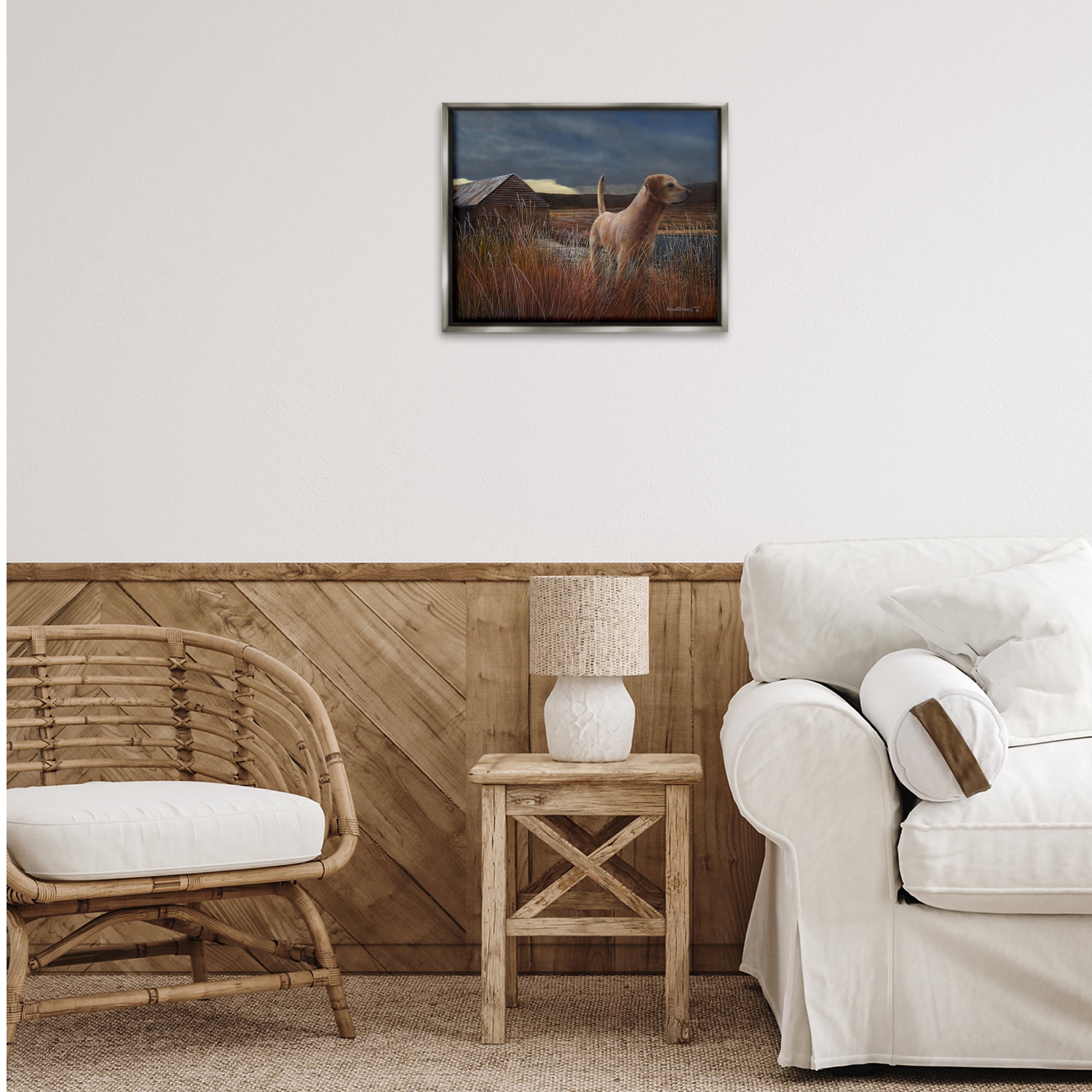 Stupell Industries Alert Dog by Cabin Landscape & Nature Painting Gray Floater Framed Canvas Art Print Wall Art, 21 x 17