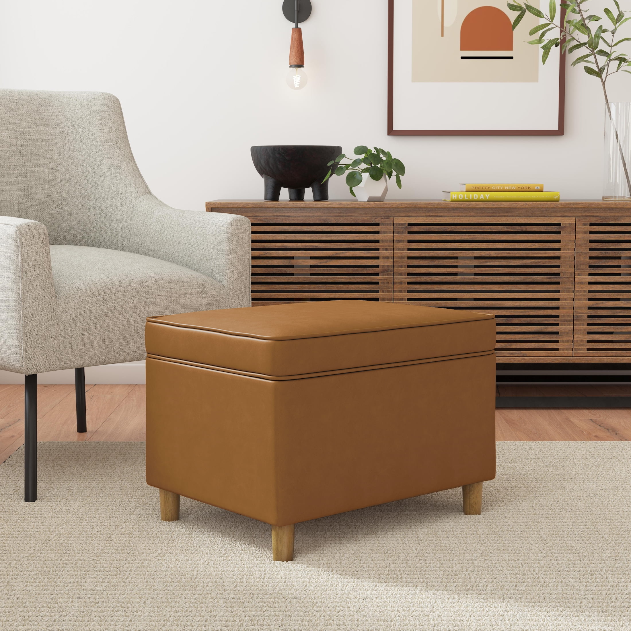 HomePop Dinah Storage Ottoman, Carmel faux leather