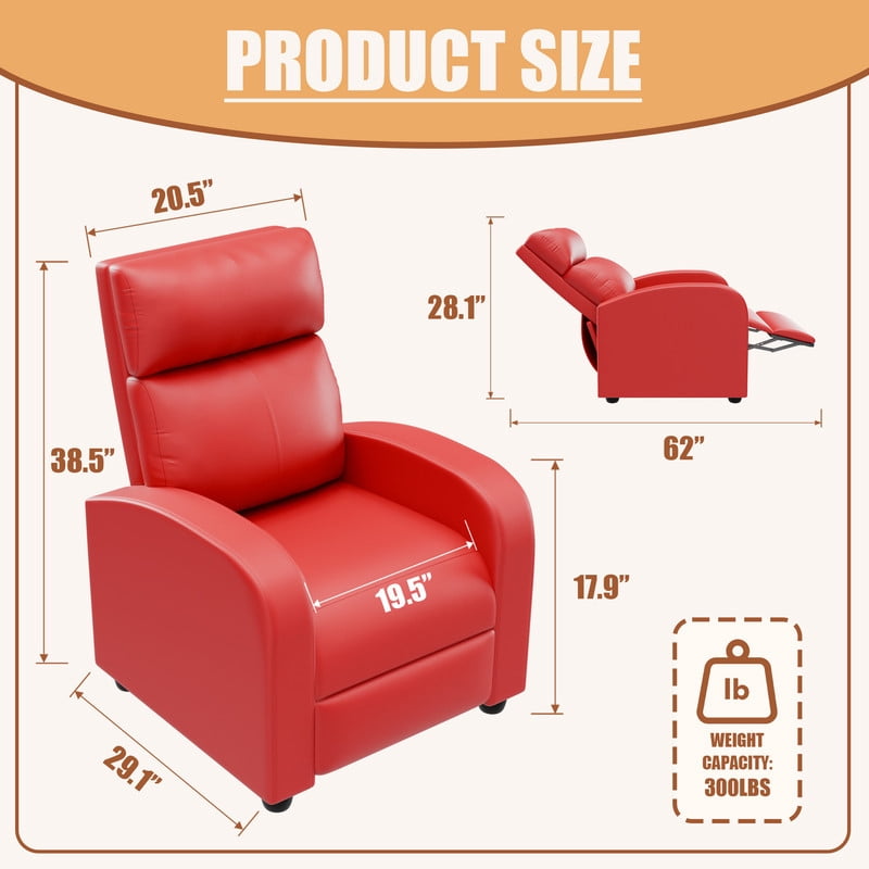 Furmax Recliner Chair Pu Leather Single Sofa Home Theater Recliners with Lumbar Support for Living Room,PU Red