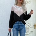 thumbnail image 2 of Jersey de punto de manga larga con cuello redondo para mujer, blusa holgada de retazos de encaje elegante a la moda para principios de otoño, Top negro L, 2 of 6