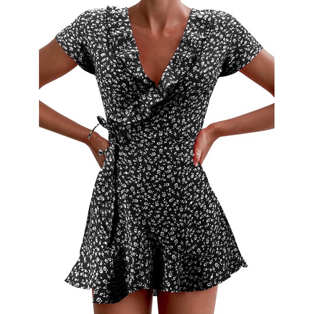 TRKIYQC verano mujer Floal A-Line vestido dulce elegante Floral volantes cuello en V vendaje Vestido corto para señora Chic flores Mini vestido TRKIYQC moderno