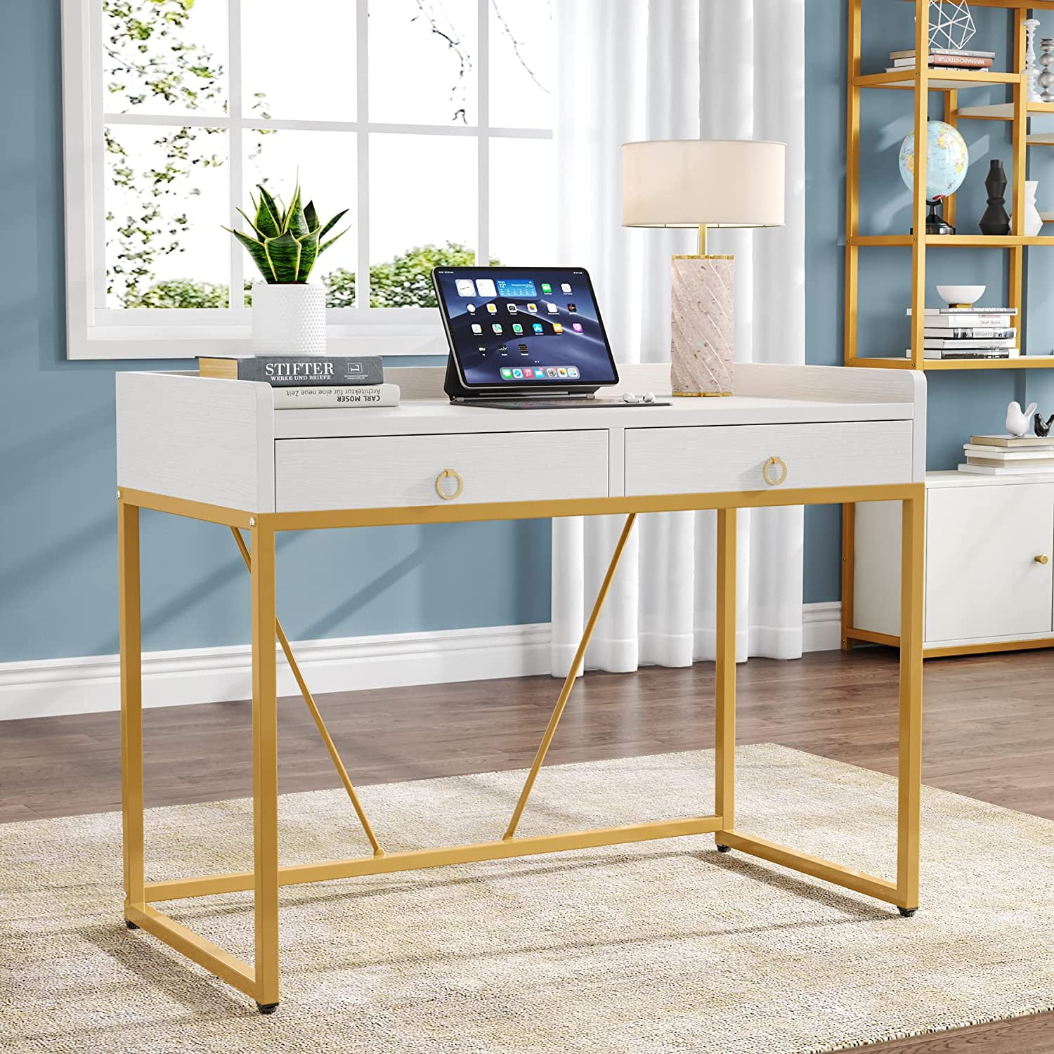 Tribesigns White Gold Computer Desk with 2 Drawers, Modern Desk 41.3