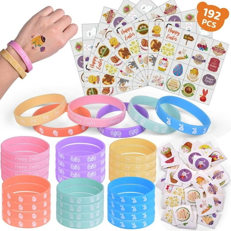 Fun Little Toys Fun Little Toys 192 Pcs Easter Party Favor Set-48 Pcs Bracelets Wristbands with Bunny  Egg  Chicken  144 Pcs Happy Easter Assorted Stickers  Kid Birthday Gifts Prizes