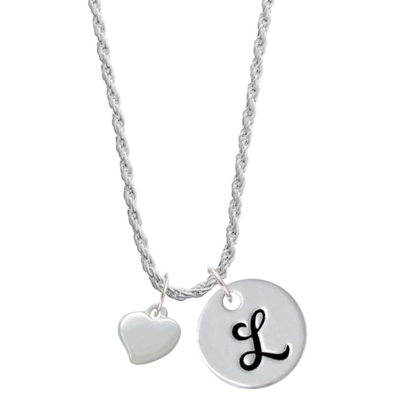 Delight Jewelry Silvertone Small 2-D Puffy Heart Silvertone Script Initial Disc - L - Charm Necklace, 20"+3"
