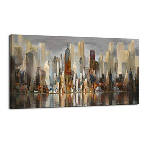 Wall Decorations for Living Room Framed Wall Art Large Cityscape New York Wall Decor Canvas Prints Abstract Brown City Theme Paintings Modern Canvas Wall Art for Living Room Bedroom Big Size 24x48