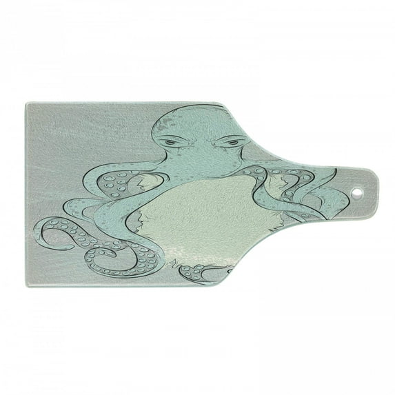 Sea Monster Cutting Board, Hand Drawn Messy Illustration of an Octopus Holding Sign, Decorative Tempered Glass Cutting and Serving Board, in 3 Sizes, by Ambesonne
