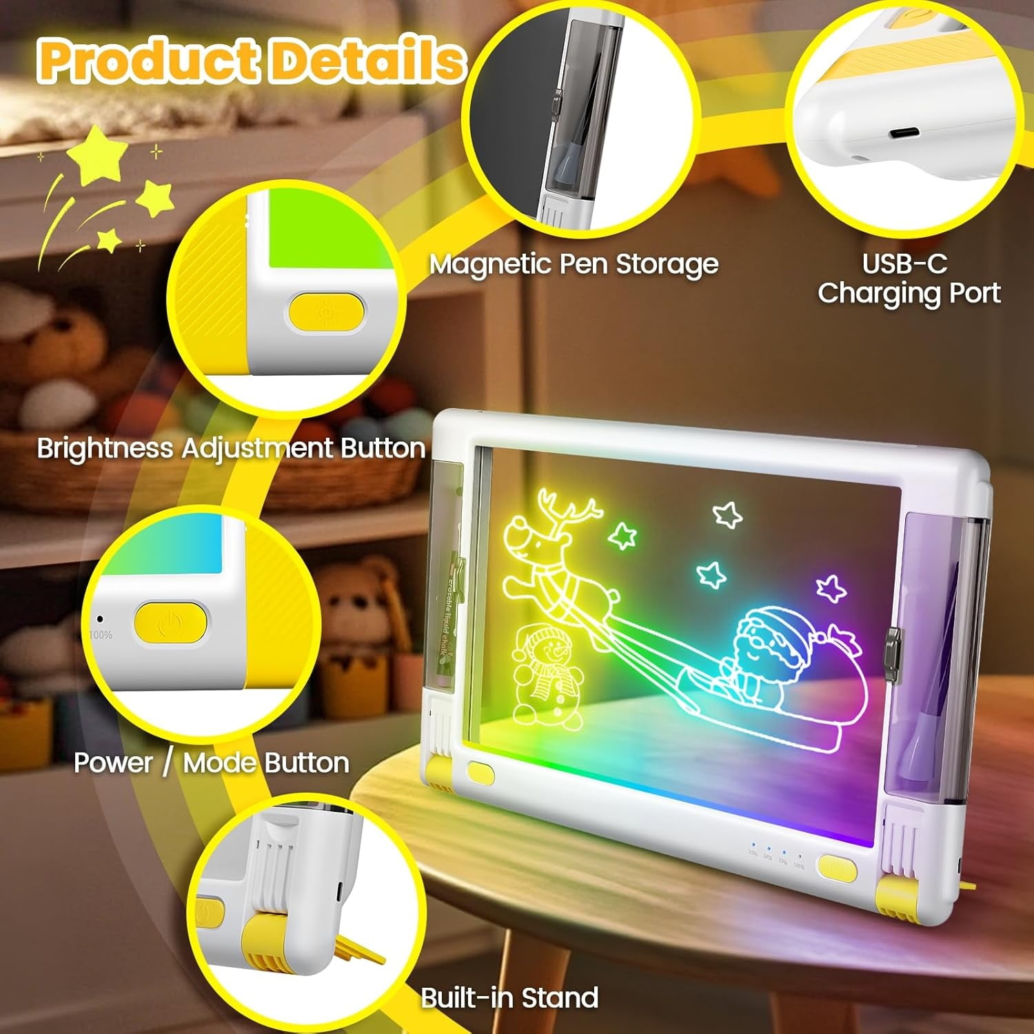UKEXE 15 Inch Rechargeable LED Drawing Board - 9 Neon Light Modes, Portable Glow Art Tablet with Tracing Sheets, Creative Gift for Kids & Teens (White)