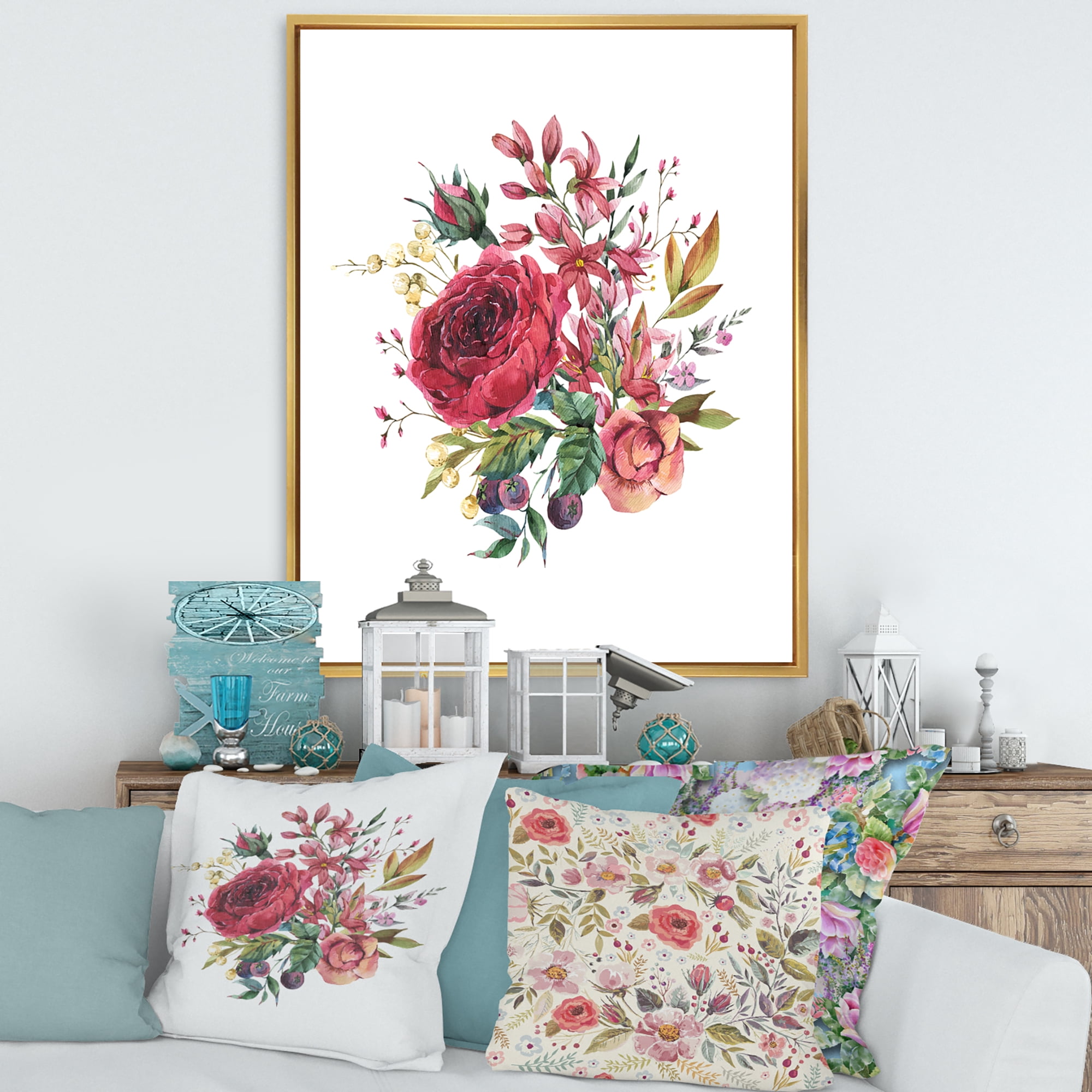 Designart 'Ancient Wildflowers and Burgundy Rose' Farmhouse Framed Canvas Wall Art Print