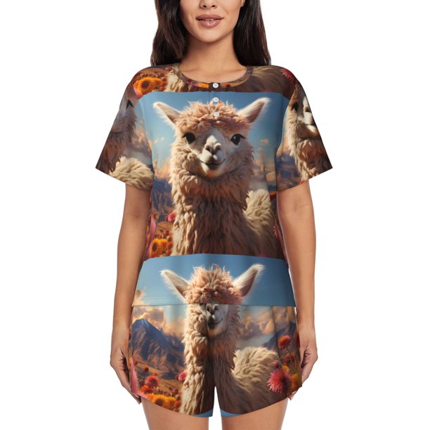 Fotbe Fluffy Alpaca Mountain Meadow Conjunto de Pijama Estampado para Mujer, 2 Piezas, Ropa de Dormir con Camiseta de Manga Corta y Shorts Suaves-Medium