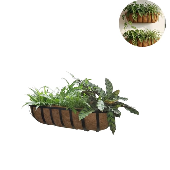 2 Pack 30 Inch Wall Mount Window Flower Basket, Trough Shape Metal Hanging Planter, Natural Liner Wall Planter for Outdoor Garden Porch Balcony Planting Ferns, Vines & Flowers