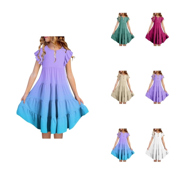 Girls Summer Dresses, Double Layer Flutter Sleeve Flowy A-Line Sundress with Gradient Print, Casual Midi Dress for 6-15 Years