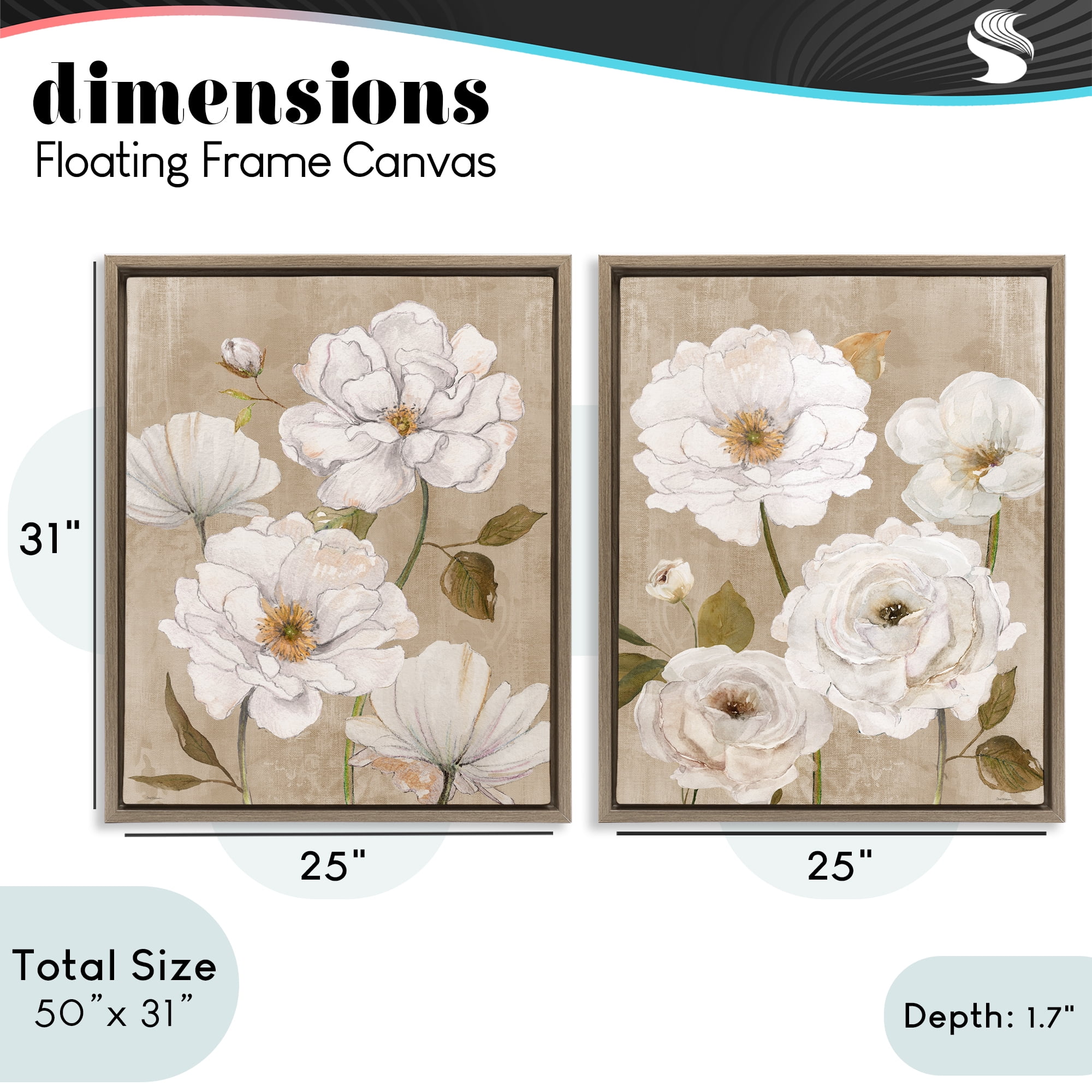 Stupell Industries White Blooms over Neutral 2 Piece Brown Framed Floater Canvas Set, design by Carol Robinson