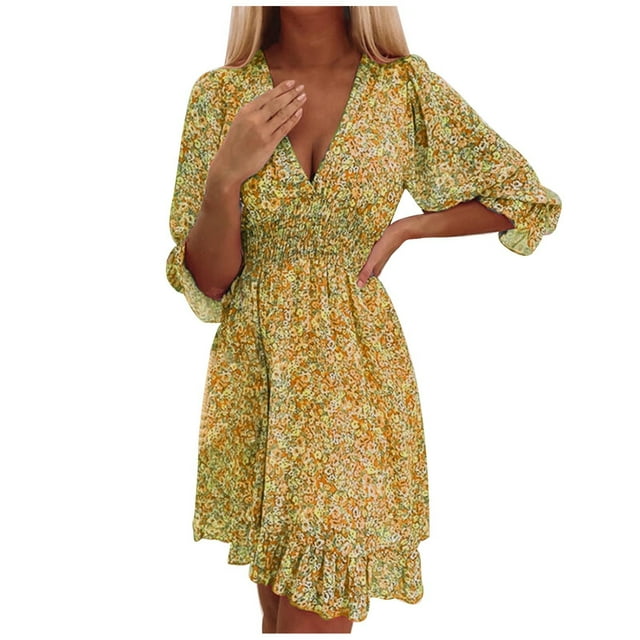 Vestidos Para Mujer Vestidos Casuales Moda Otoño Con Cuello en V Froral Print 3 4 Mini Vestido de Manga Odeerbi ODB172895