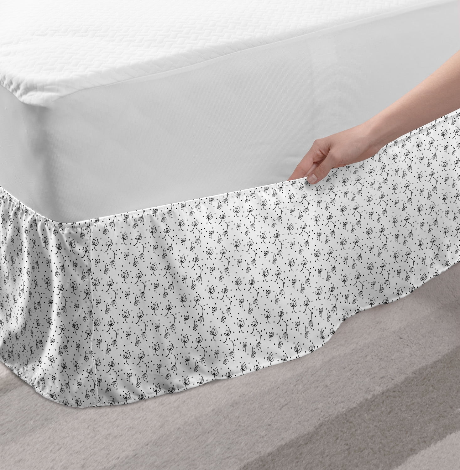 Black And White Bed Skirt Abstract Dandelions Flying In The Air Monochrome Curly Stems And Dots Elastic Bedskirt Dust Ruffle Wrap Around For Bedding Decor 4 Sizes Black White By Ambesonne