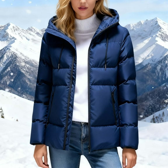 Coats for Women Zipper Hooded Long Sleeved Solid Color Double Pocket Casual Parkas,Womens Coats Plus Size Blue XXXL