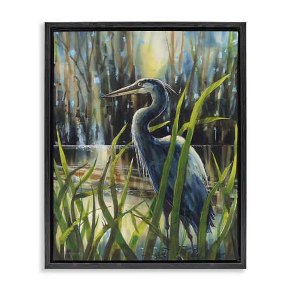 Stupell Industries Rustic Lodge Heron Between Pond Reeds Black Floating Frame Canvas Art, 17 x 21, by John Rossini