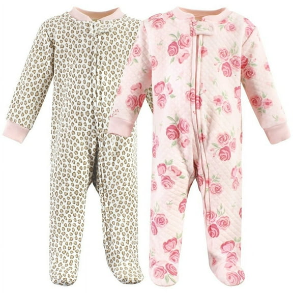 Hudson Baby Infant Girl Premium Quilted Zipper Sleep and Play, Blush Rose Leopard, 0-3 Months