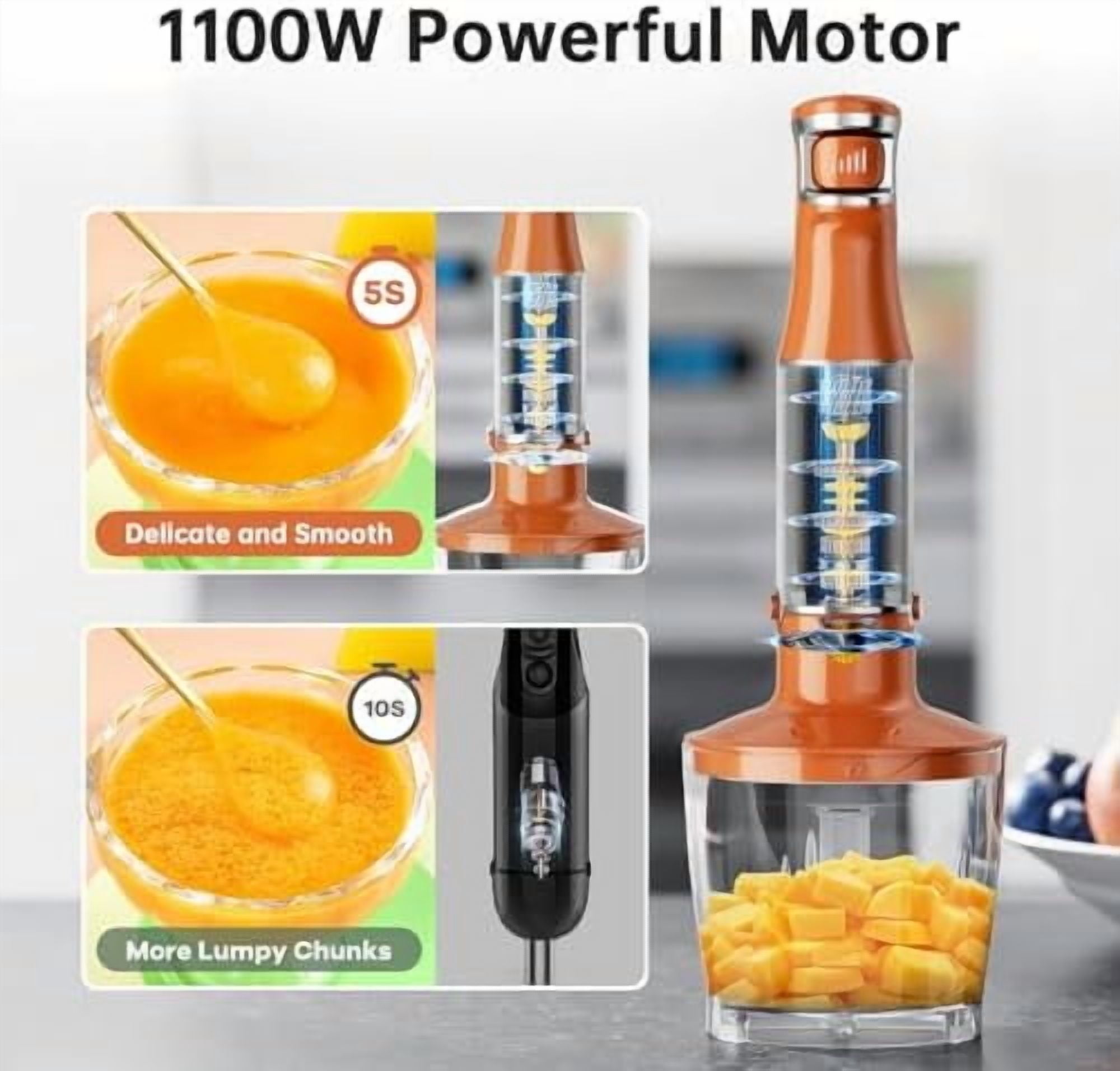 Immersion Blender Handheld Corded Hand Blenders Set 1100W, Trigger Variable Speed 5 in 1 Stick Emulsifier with Chopper, Whisk and Frother for Soup, Baby Food and Smoothies, Orange