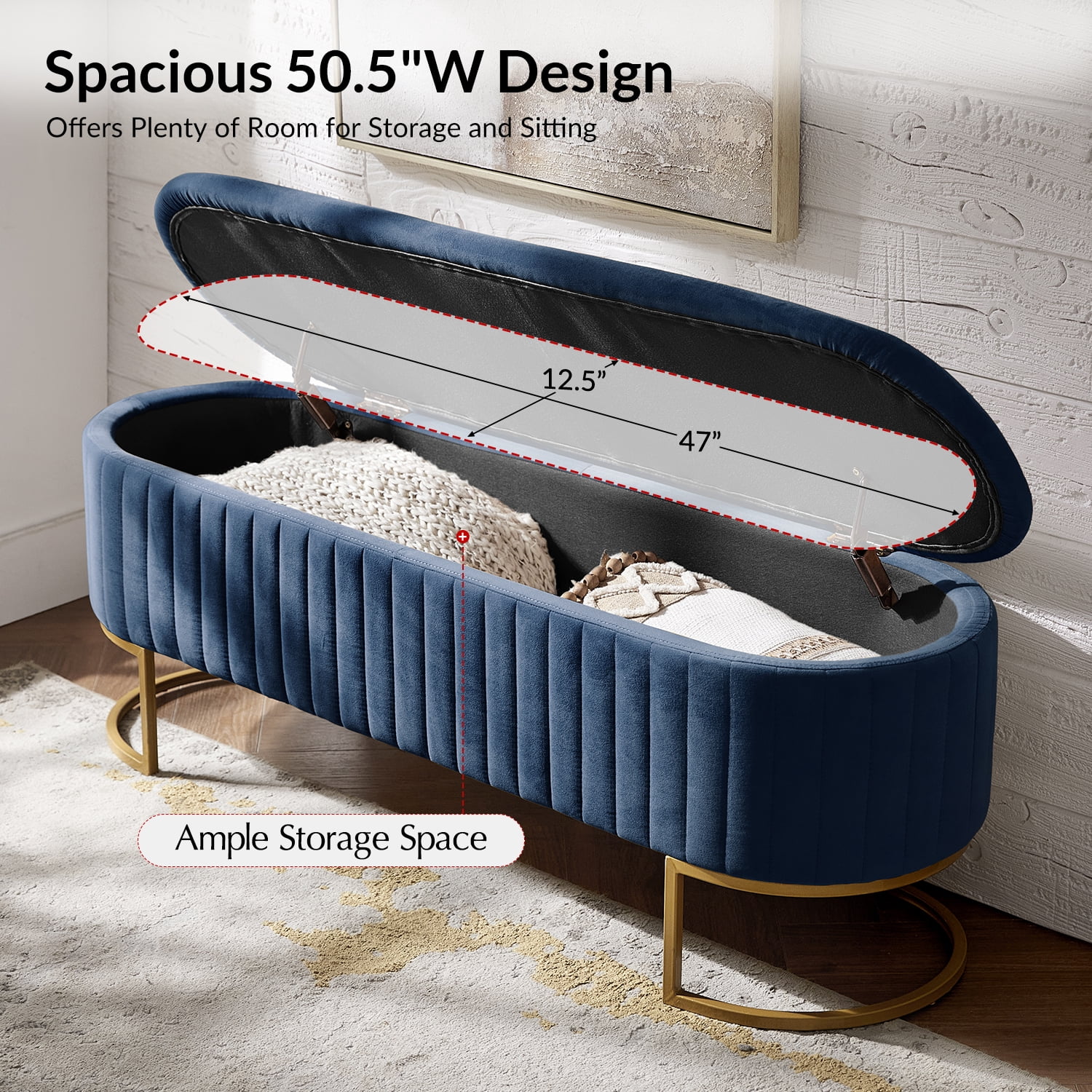 50.5" Upholstered Storage Bench For End of Bed Entryway Bedroom Ottoman Navy